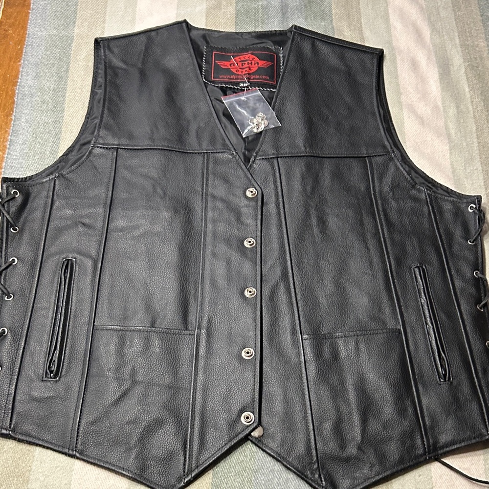 Cycle Alpha Gear Classic Black Leather Vest with Button Closure-XL